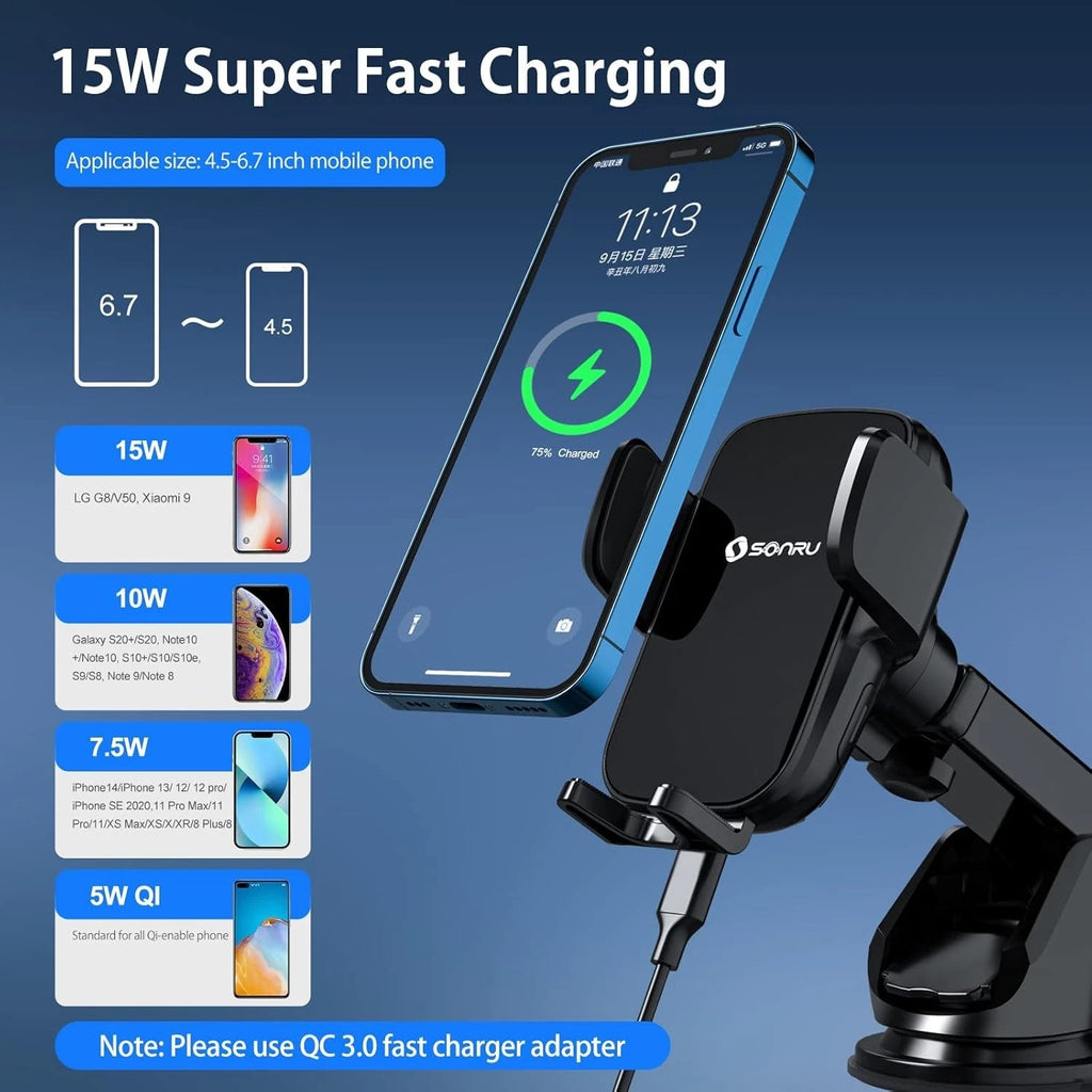 SONRU Wireless Car Charger 15W Fast Charging Phone Holder Mount WP20-C NEW